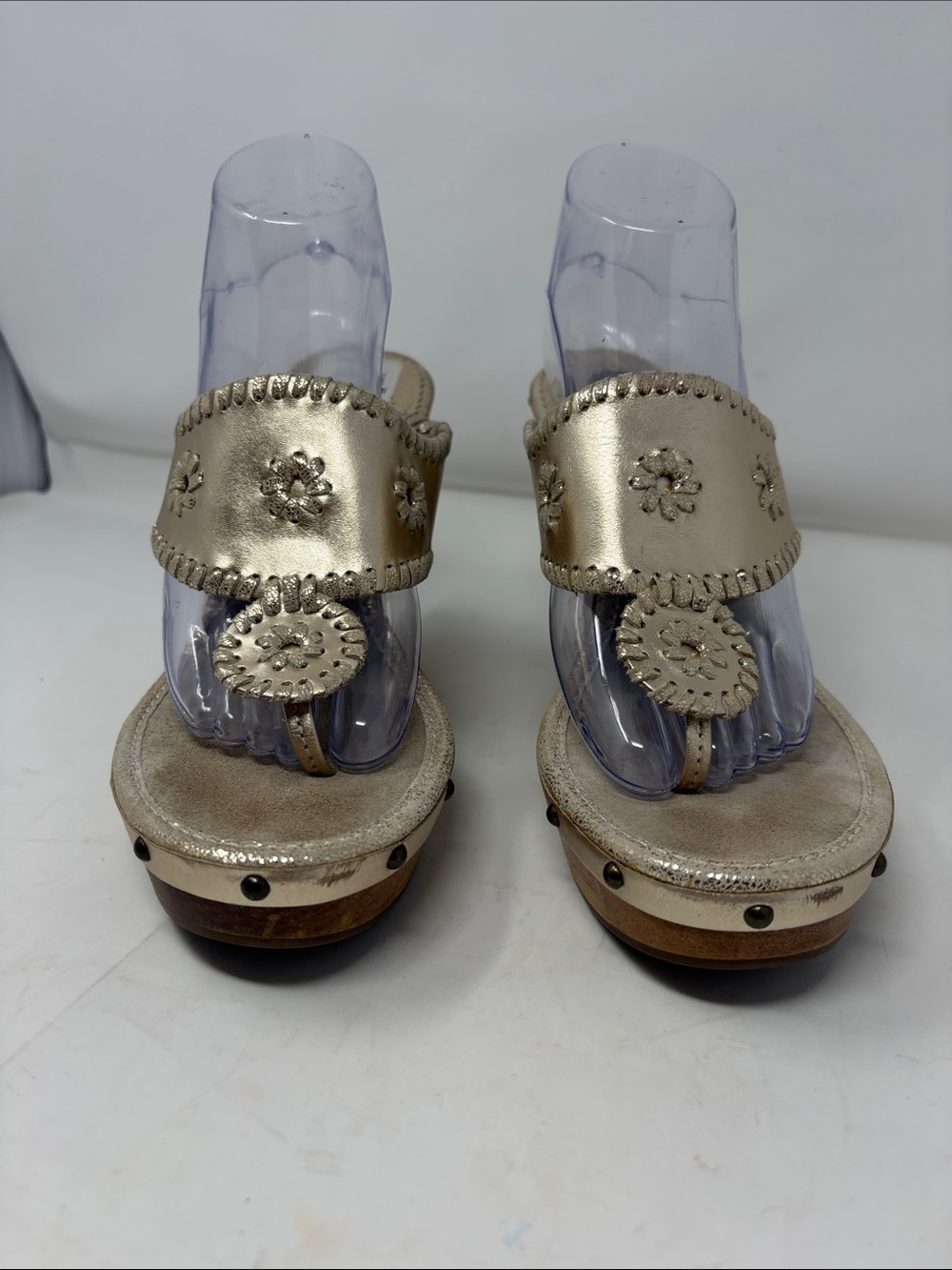 Jack Rogers Metallic Gold Embellished Leather Toe-Ring Thong Sandals Size 9